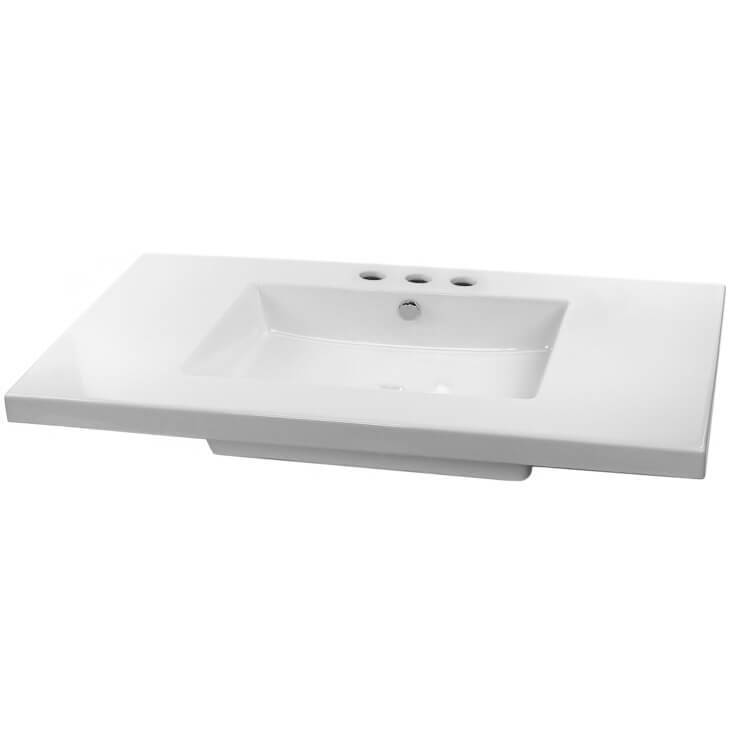 Nameeks MAR03011-Three-Hole Tecla Rectangular White Ceramic Wall Mounted or Built-In Sink - White