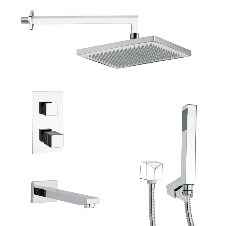 Nameeks TSH4402 Remer Thermostatic Polished Chrome Square Tub and Shower Faucet with Hand Shower - Chrome