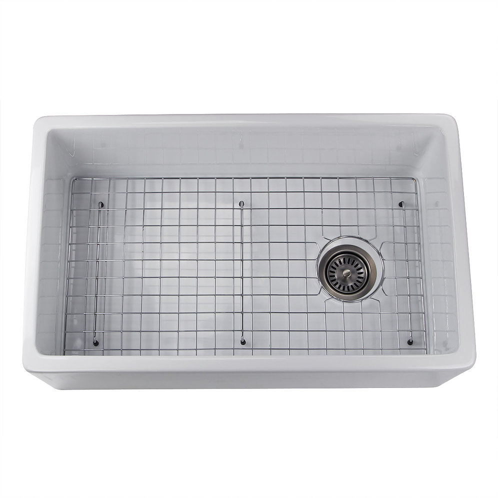 Nantucket Sinks FCFS30 30 Inch White Fireclay Farmhouse Sink Offset Drain FCFS30 with Grid - Click Image to Close