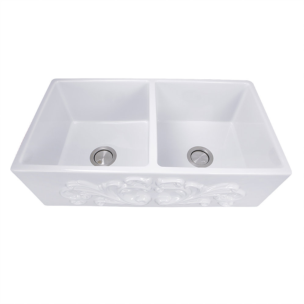 Nantucket Sinks FCFS3318D-Filigree Double Bowl Farmhouse Fireclay Sink with Filigree Apron - Click Image to Close