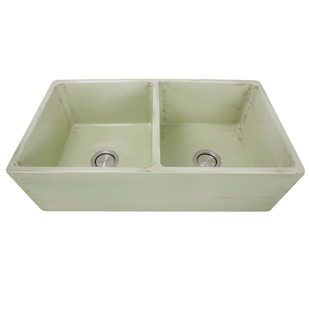 Nantucket Sinks FCFS3318D-ShabbyGreen Double Bowl Farmhouse Fireclay Sink with Shabby Green Finish - Click Image to Close