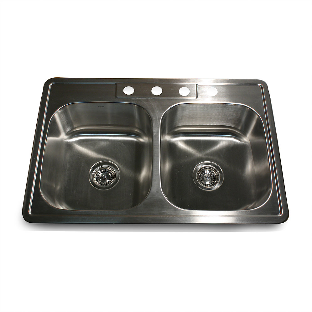 Nantucket Sinks NS3322-DE-9 NS3322-DE - 33 Inch Double Bowl Equal Self Rimming Stainless Steel Drop In Kitchen Sink, 18 Gauge - Click Image to Close