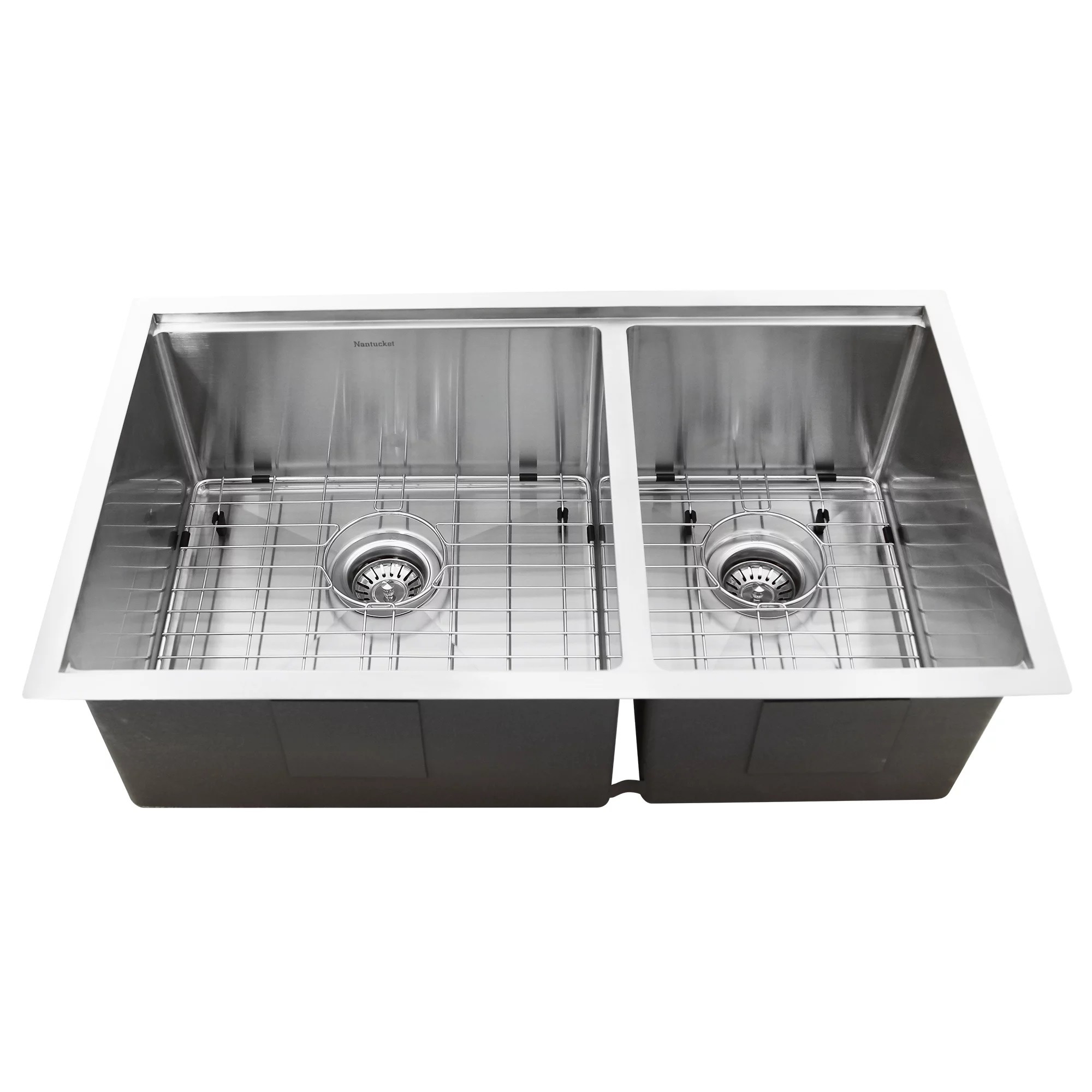 Nantucket Sinks SR-PS-3219-OS-16 SR-PS-3219-OS-16 Offset Double Bowl Prep Station Small Radius Undermount Stainless Sink with Accessories - Click Image to Close