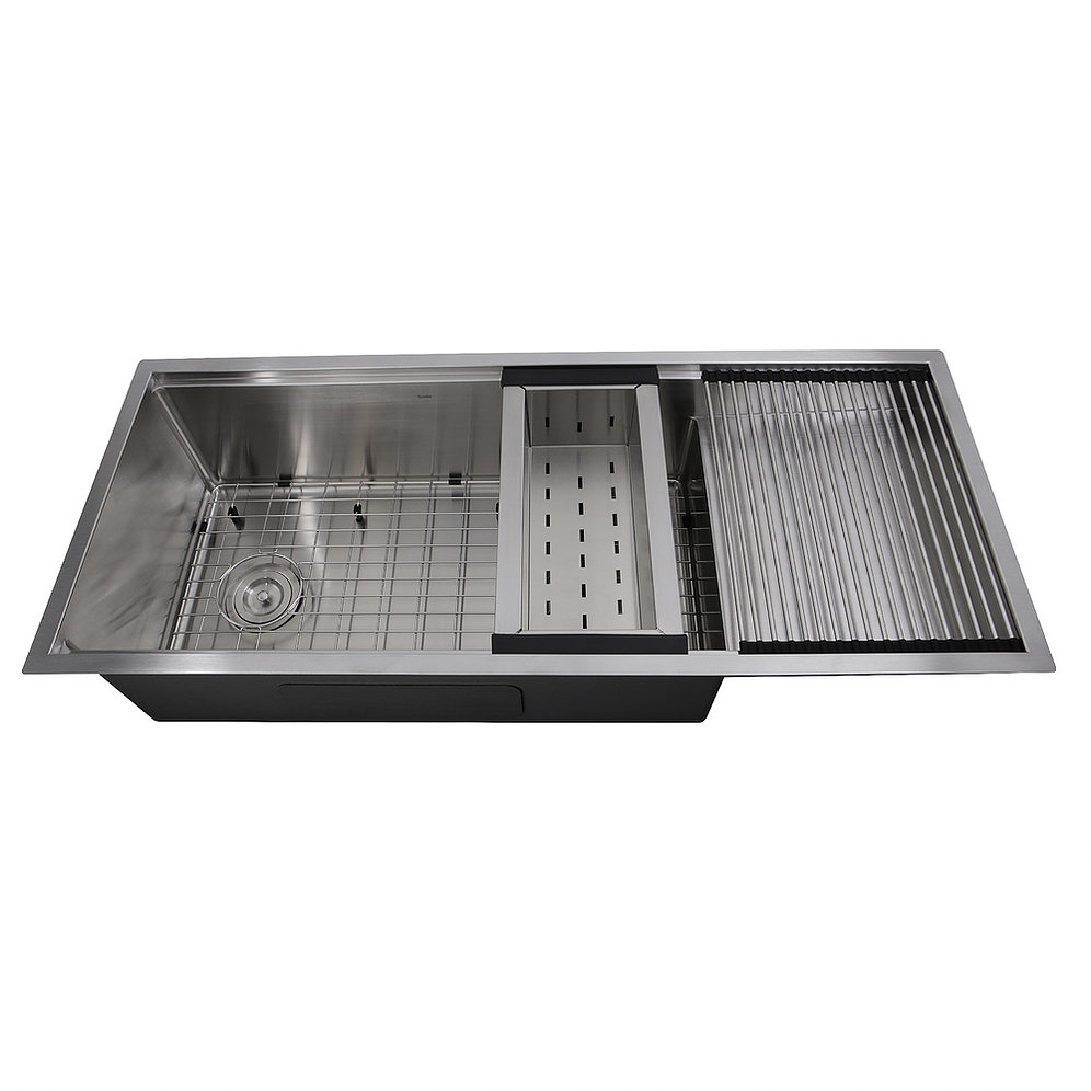 Nantucket Sinks SR4419-16-DB SR4419-16-DB - 44 Inch Pro Series Large Prep Station Single Bowl Undermount Stainless Steel Kitchen Sink with Drainboard, With Included Rolling Mat, Grid, Colander, Cutting Board and Drain.