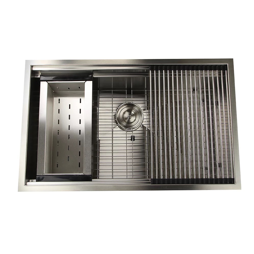 Nantucket Sinks ZR-PS-3220-16 ZR-PS-3220-16 - 32 Inch Pro Series Large Prep Station Single Bowl Undermount Stainless Steel Kitchen Sink, With Included Rolling Mat, Grid, Colander, and Drain.