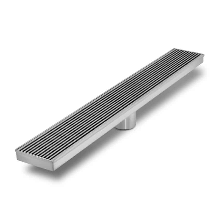 QM Drain 33.700.24FSO ST Delmar Series. 24" Flange Edge Side Outlet Standard Length Linear Drain. Wedgewire Line. Satin