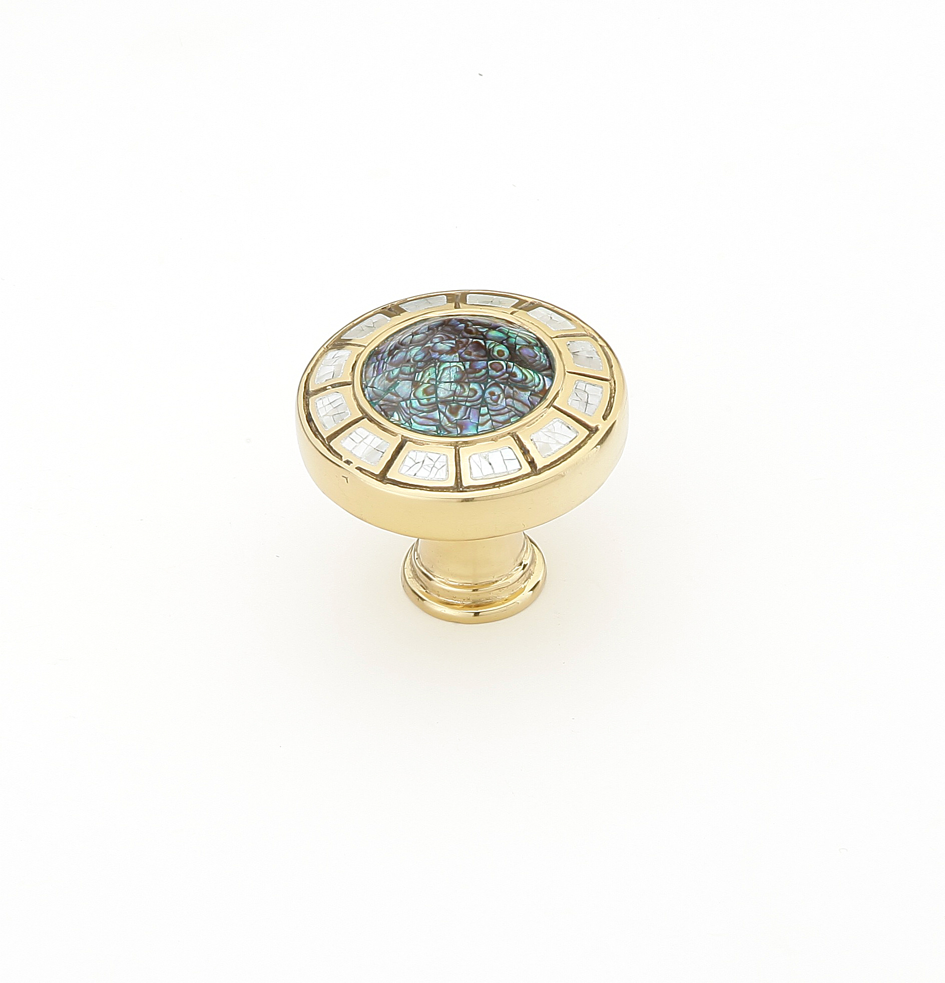Schaub 655-PB Round Knob, Imperial Shell, Mother of Pearl, Polished Brass, 1-1/2" Dia - Polished Brass