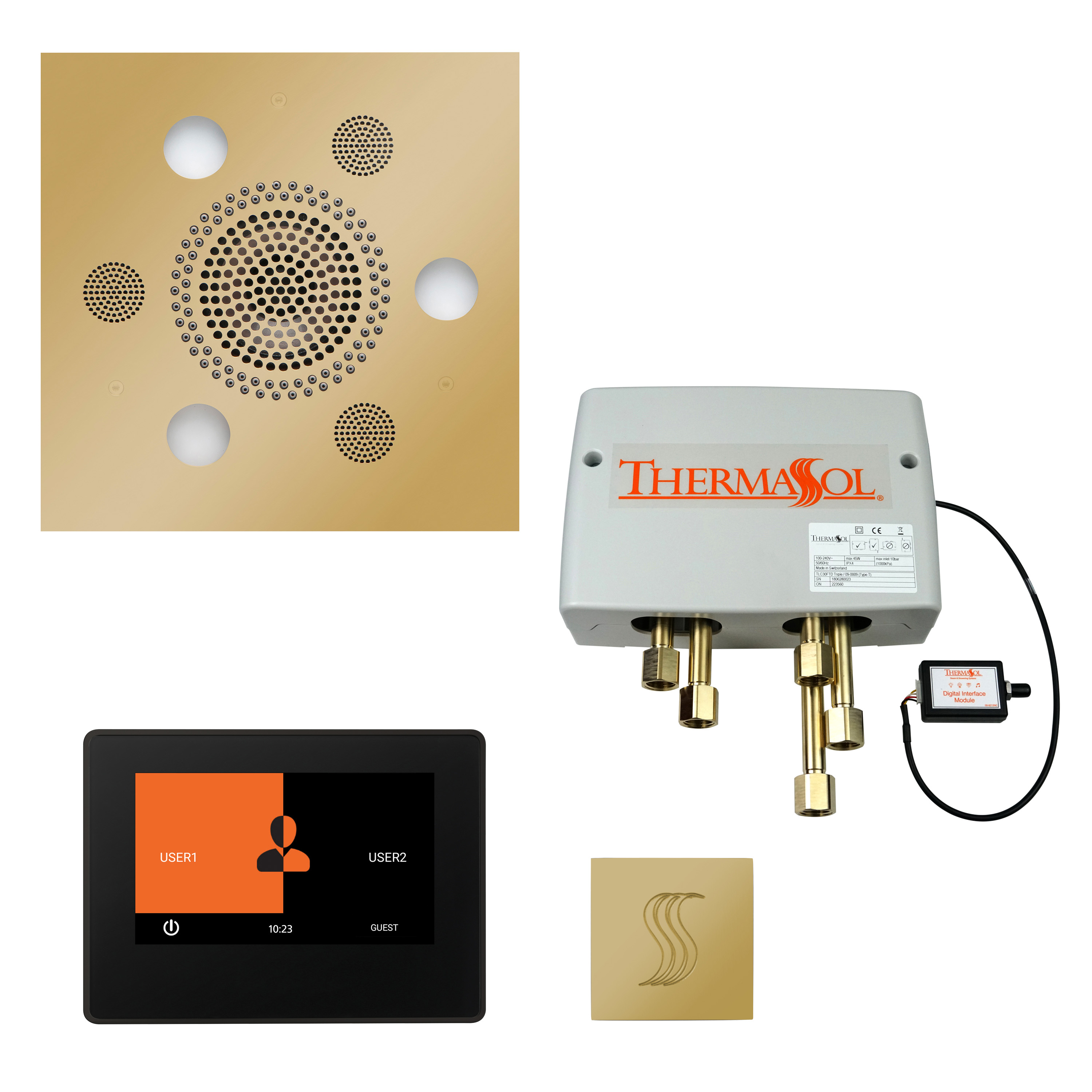 Thermasol TWP7S-PB The Total Wellness Package with 7" ThermaTouch and Square - Polished Brass