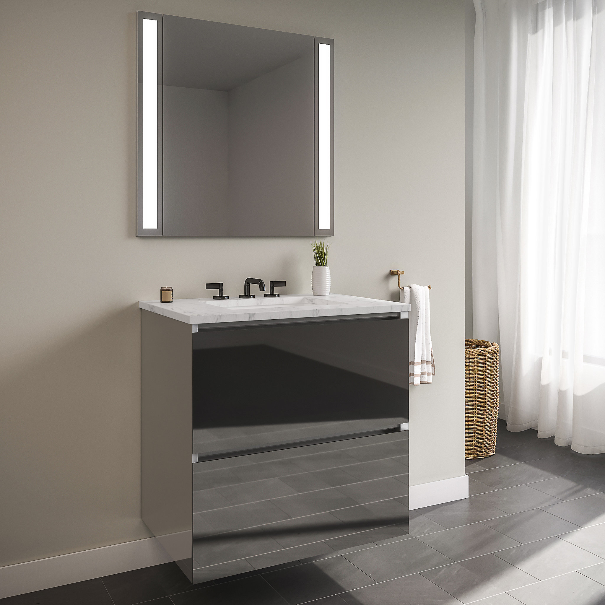 Robern 24119400NB00002 Curated Cartesian Vanity, 24" x 15" x 21", Two Drawer, Tinted Gray Mirror Glass, Plumbing Drawer, Full Dr