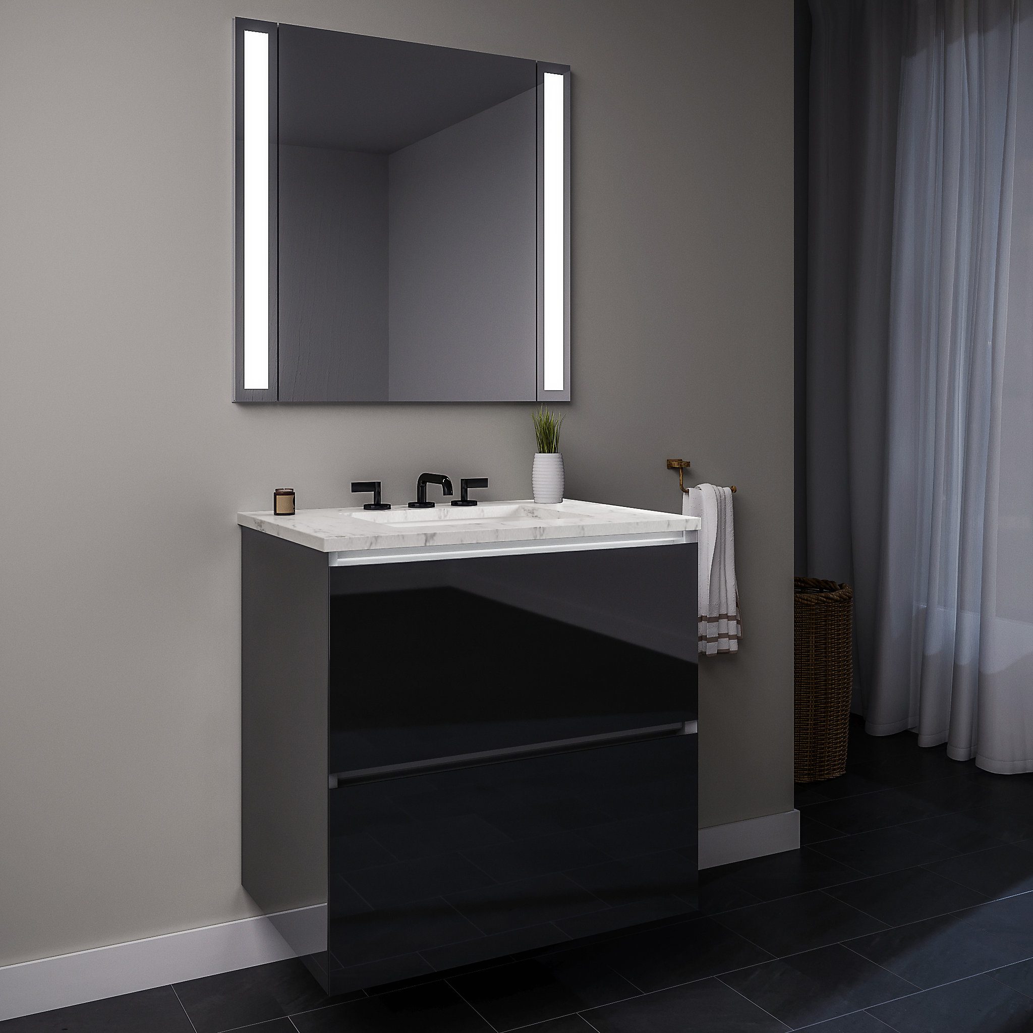 Robern 24119400TB00002 Curated Cartesian Vanity, 24" x 15" x 21", Two Drawer, Tinted Gray Mirror Glass, Plumbing Drawer, Full Dr
