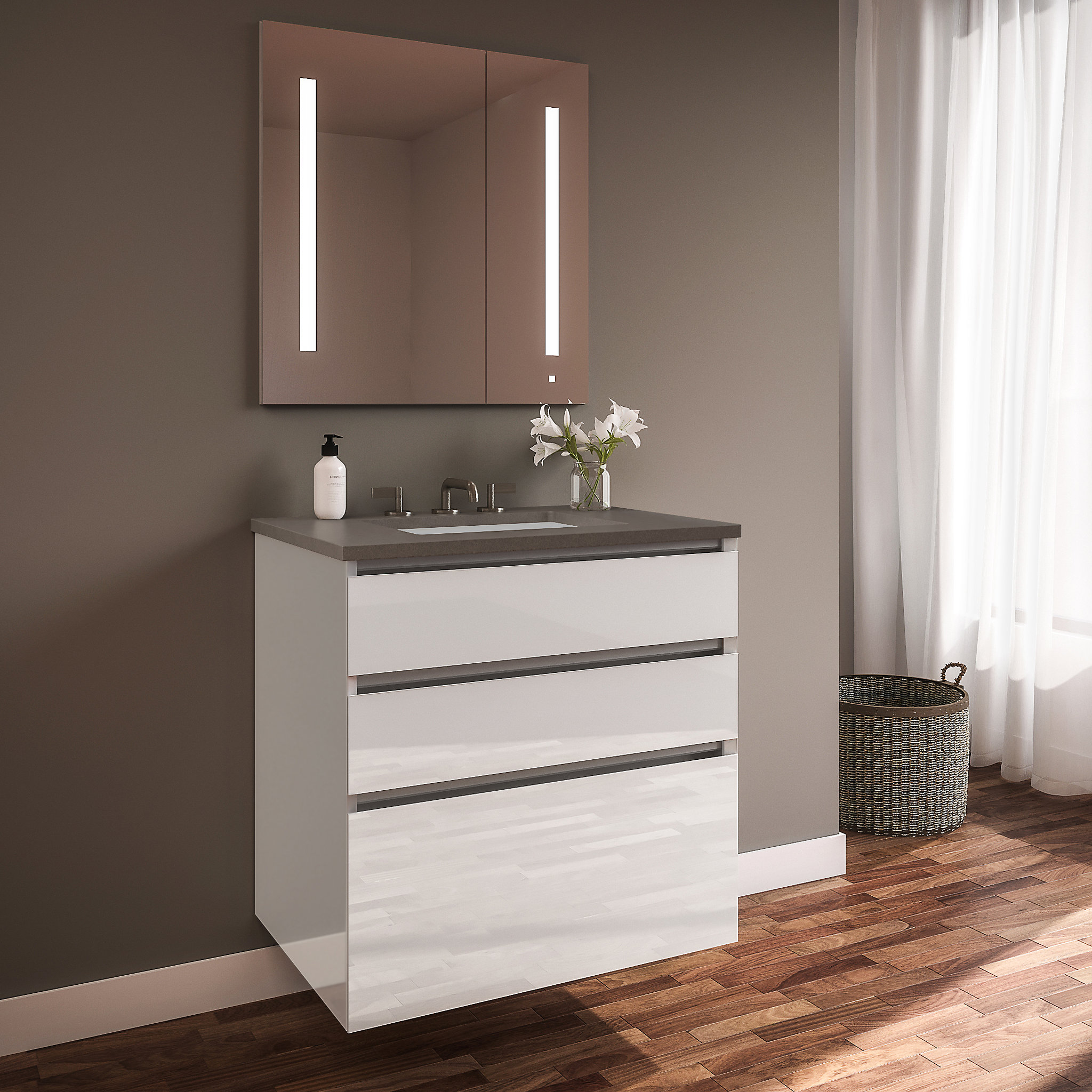 Robern 24219100NB00003 Curated Cartesian Vanity, 24" x 7-1/2" x 21", 24" x 15" x 21", Three Drawer, White Glass, Tip Out Drawer,