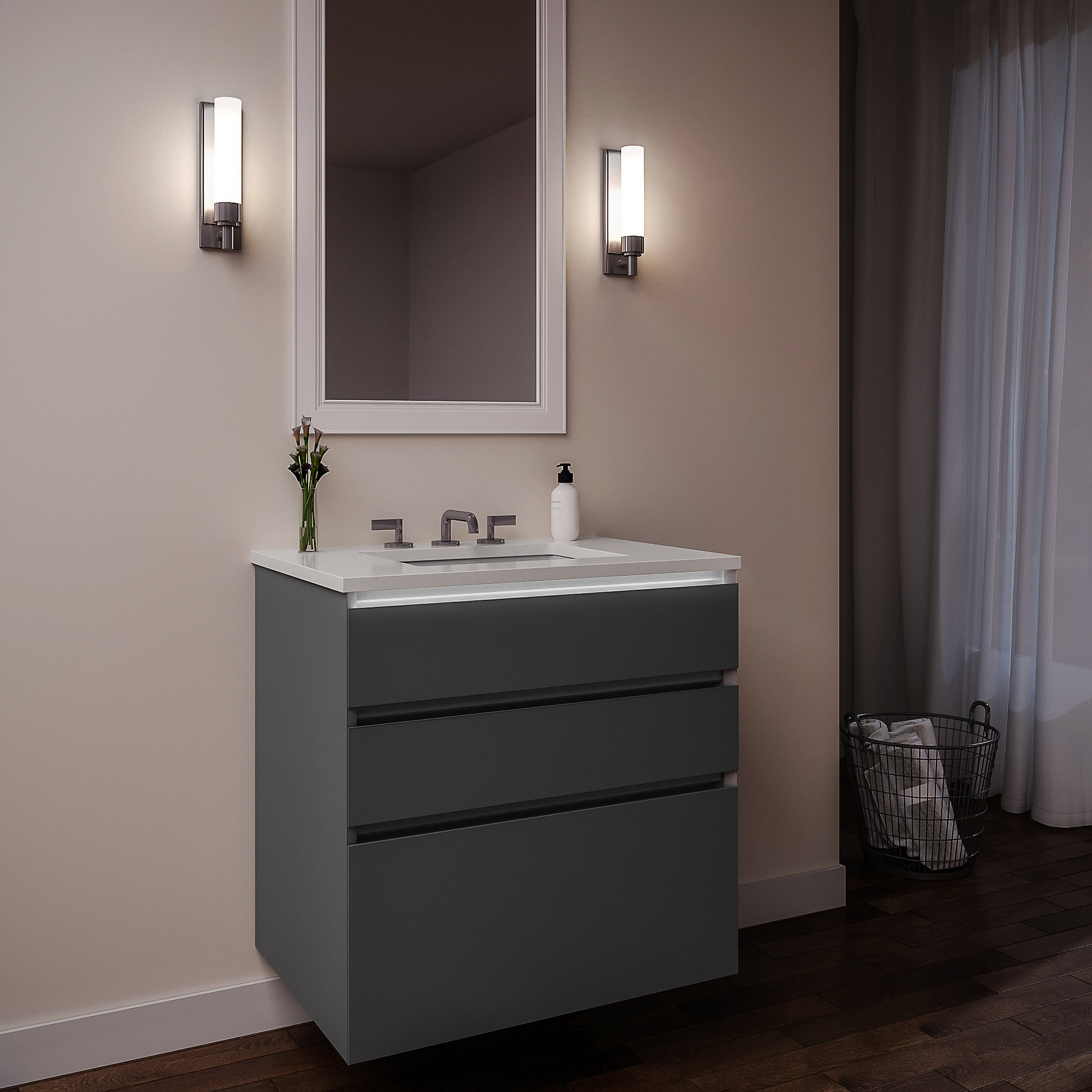 Robern 24279200TB00003 Curated Cartesian Vanity, 24" x 7-1/2" x 21", 24" x 15" x 21", Three Drawer, Matte Gray Glass, Tip Out Dr