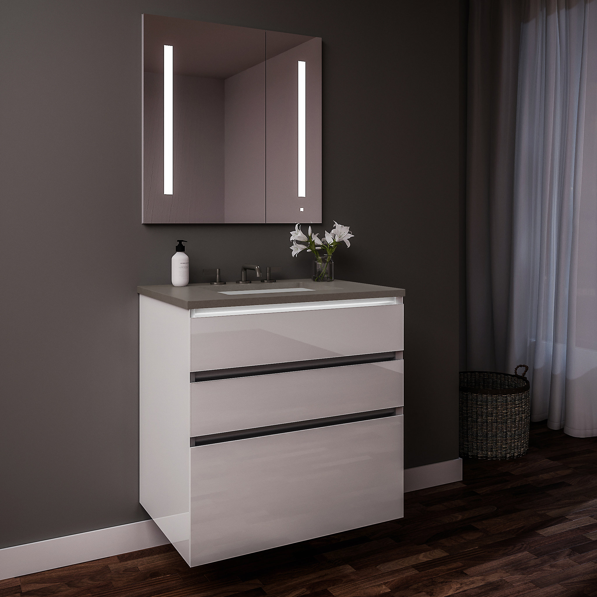 Robern 36219100TB00003 Curated Cartesian Vanity, 36" x 7-1/2" x 21", 24" x 15" x 21", Three Drawer, White Glass, Tip Out Drawer,
